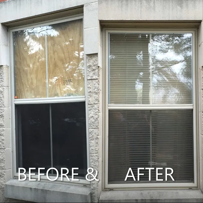 Comparison of a window, before and after cleaning; showing dirt and grime removed.
