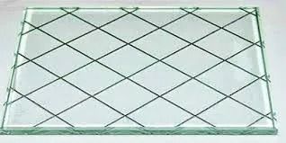 Glass sheet with a diamond-patterned wire mesh embedded within it.