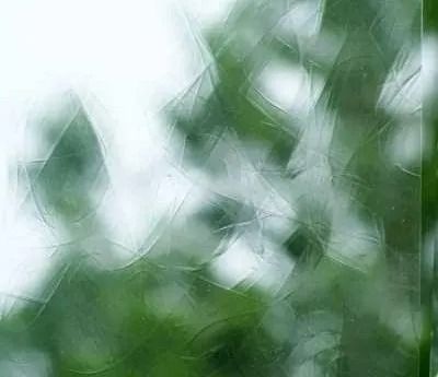 Textured glass with a blurred green and white background, suggesting foliage.
