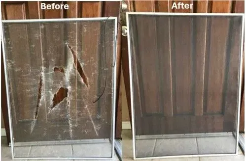 Screen door, damaged screen on the left, new screen on the right, showing before and after screen replacement.