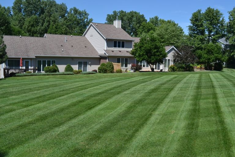 Lush green lawn with mowing stripes, leading to a two-story house under a sunny blue sky.