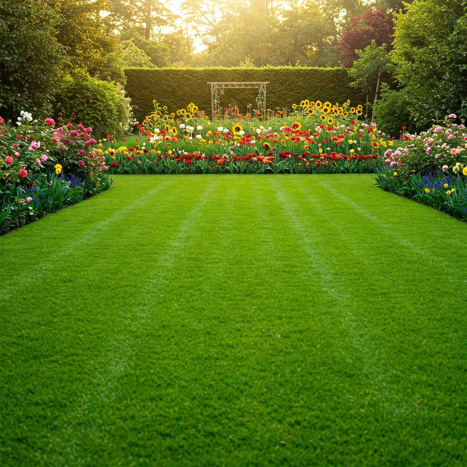 Lush green lawn leads to a flower bed filled with colorful blooms; trees and sunlight in the background.