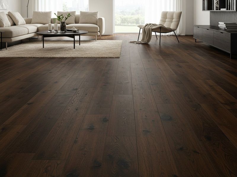 Modern living room with dark wood floors, beige sofas, coffee table, and bright natural light from large windows
