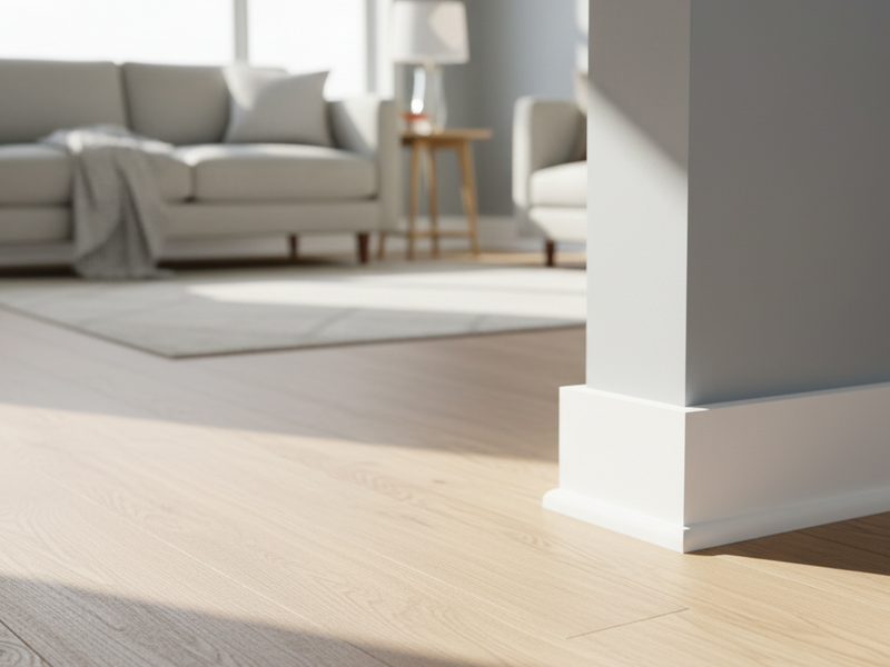 Sunlit living room with gray sofa, light wood floor, rug, and a white pillar in the foreground