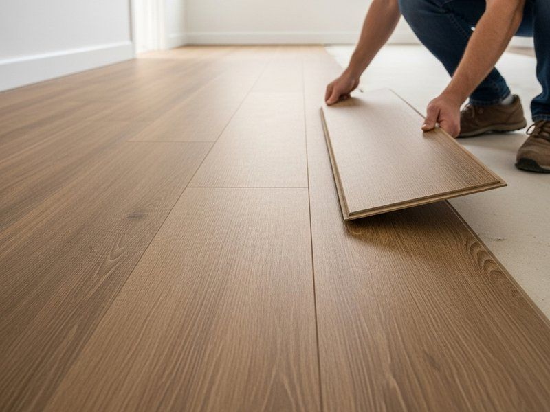 Person installing light wood laminate flooring in a bright room