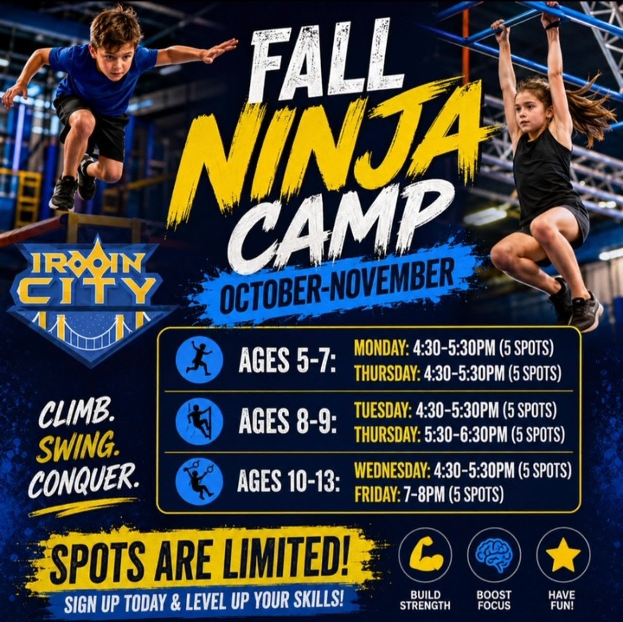 Fall Ninja Camp poster with kids climbing, swinging, and dates in October-November at Iron City Gym.