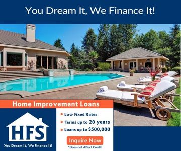 An ad for home improvement loans shows a house with a pool