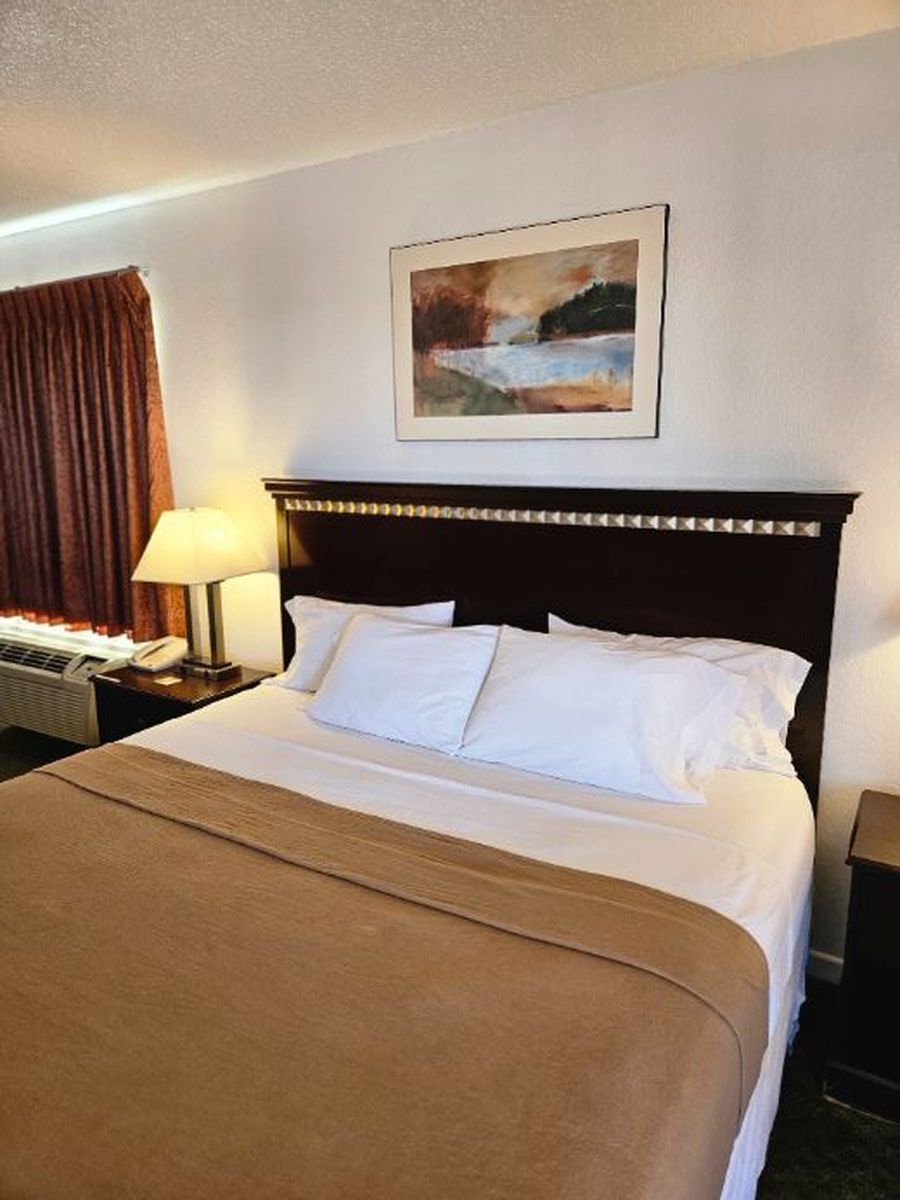 Bedroom with bed, lamp, and painting