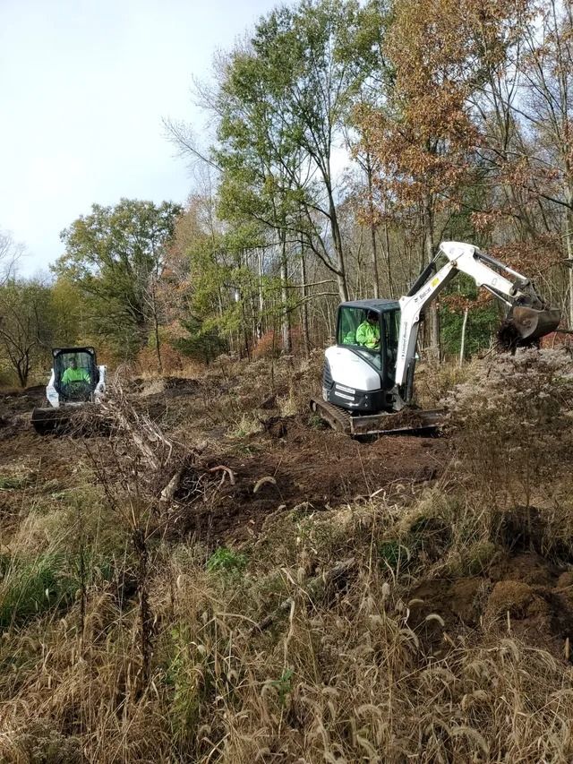 Two excavators clearing a wooded hillside with brush and dirt.