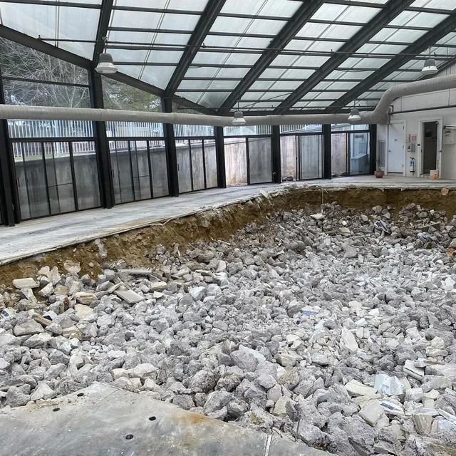 Indoor pool area with a sunroom roof, large windows, and a drained pool bed covered in broken concrete.