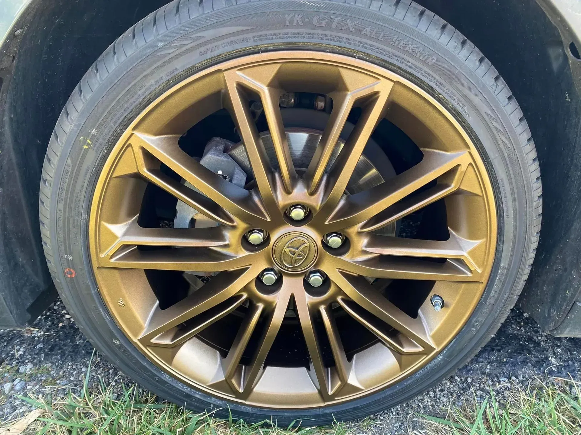 Close-up of a bronze, multi-spoke alloy car wheel with a circular center logo, mounted on a black tire.