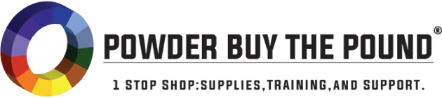 Logo for Powder Buy the Pound featuring a multi-colored wheel graphic next to the business name and slogan.
