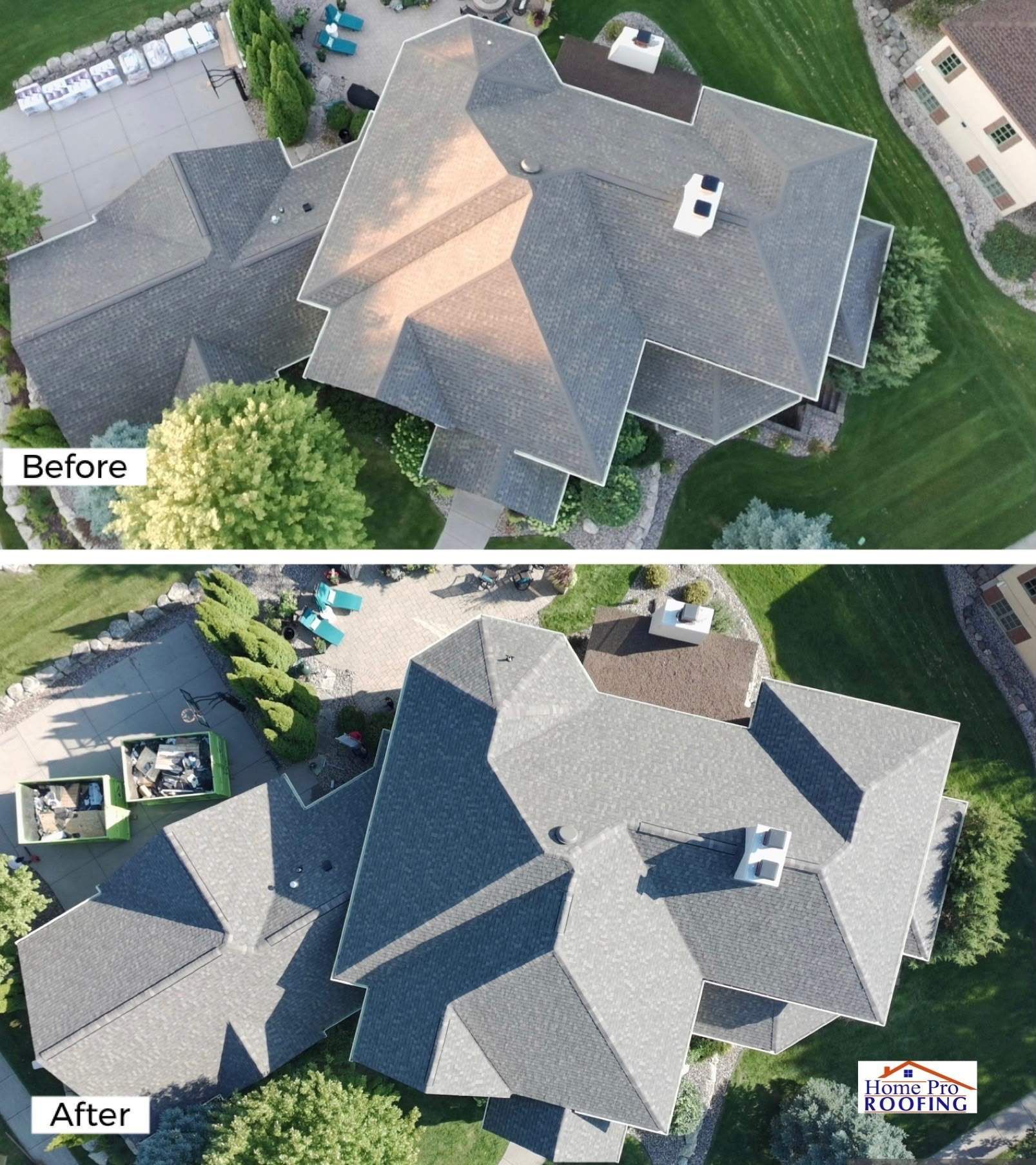 Before-and-after aerial view of a house roof with darker shingles after replacement.