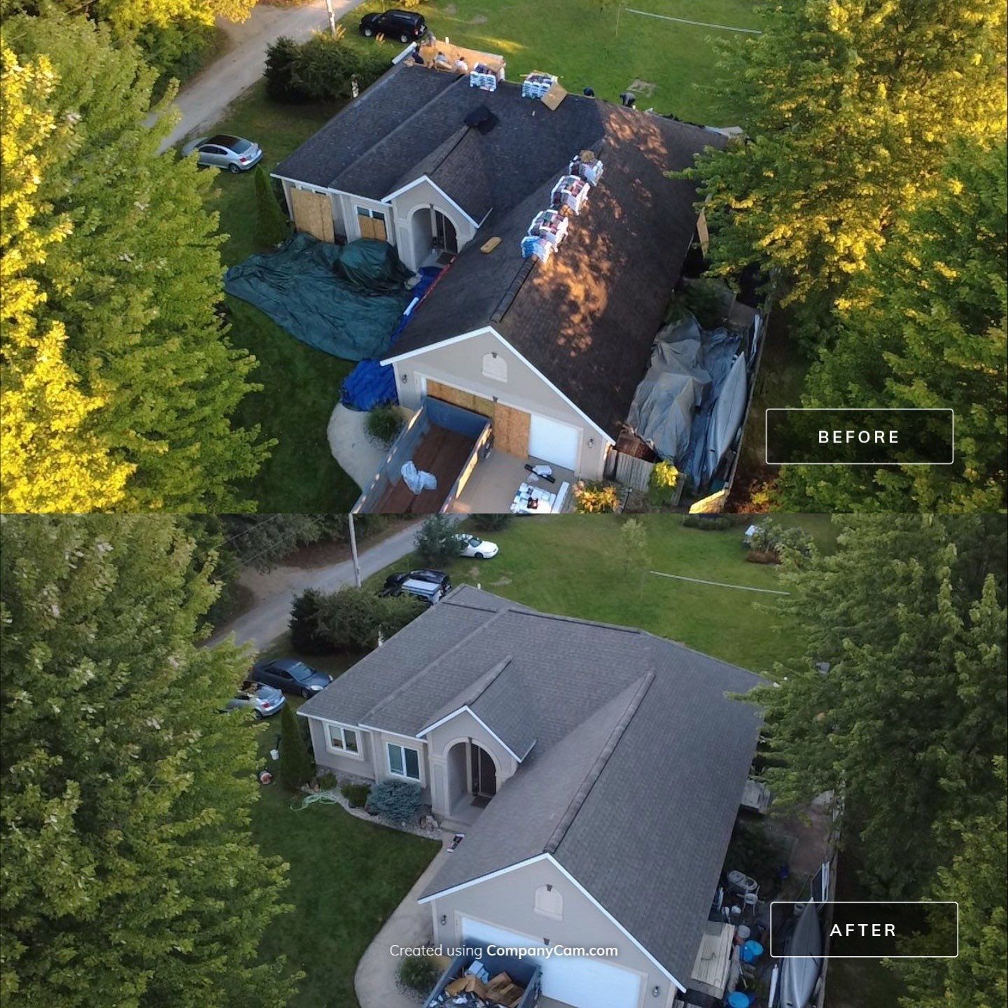 Aerial before-and-after of a house roof replacement, showing damaged dark shingles replaced with new gray shingles.