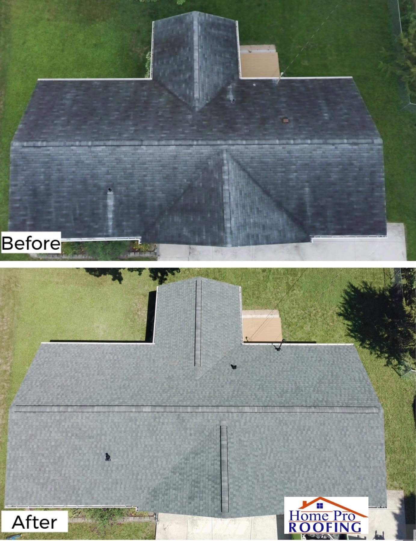 Aerial before-and-after roof photo showing dark shingles replaced with light gray roofing.