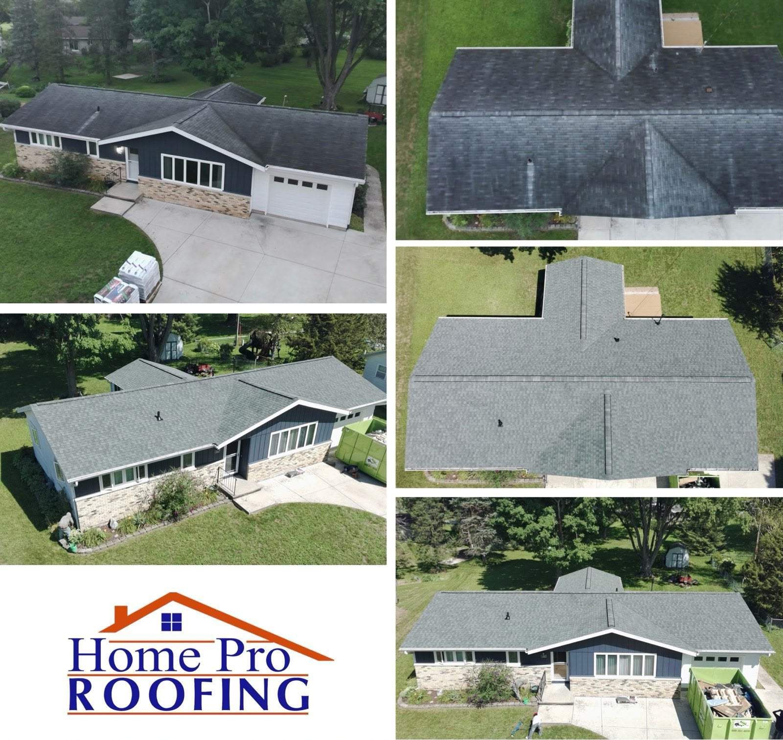 Collage of a gray shingle roof and white house from aerial views.