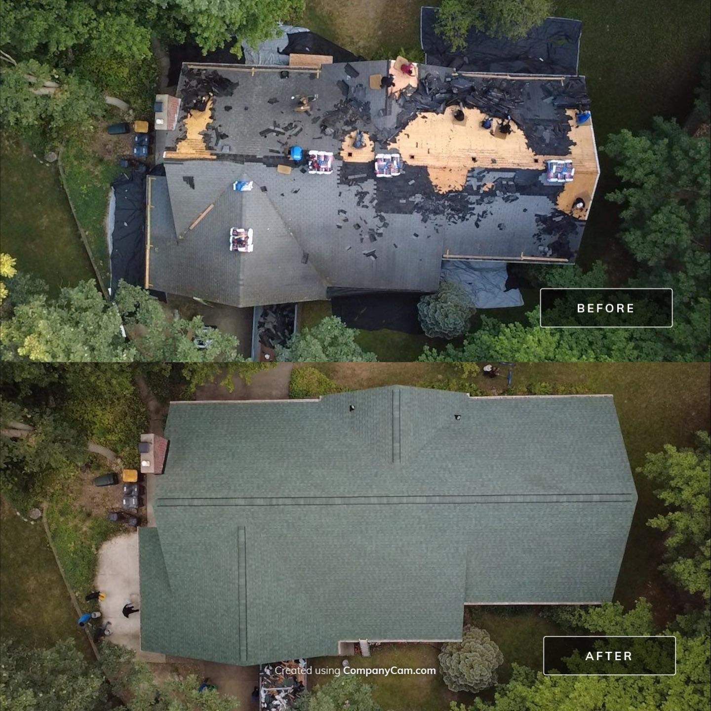Before-and-after aerial view of a house roof damaged by fire, then repaired with new green shingles.