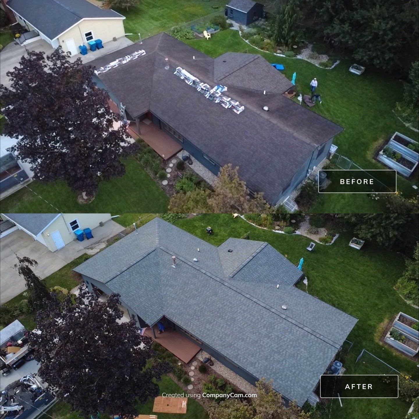 Aerial before-and-after of a house with a dark roof replaced by a gray roof in a leafy neighborhood.