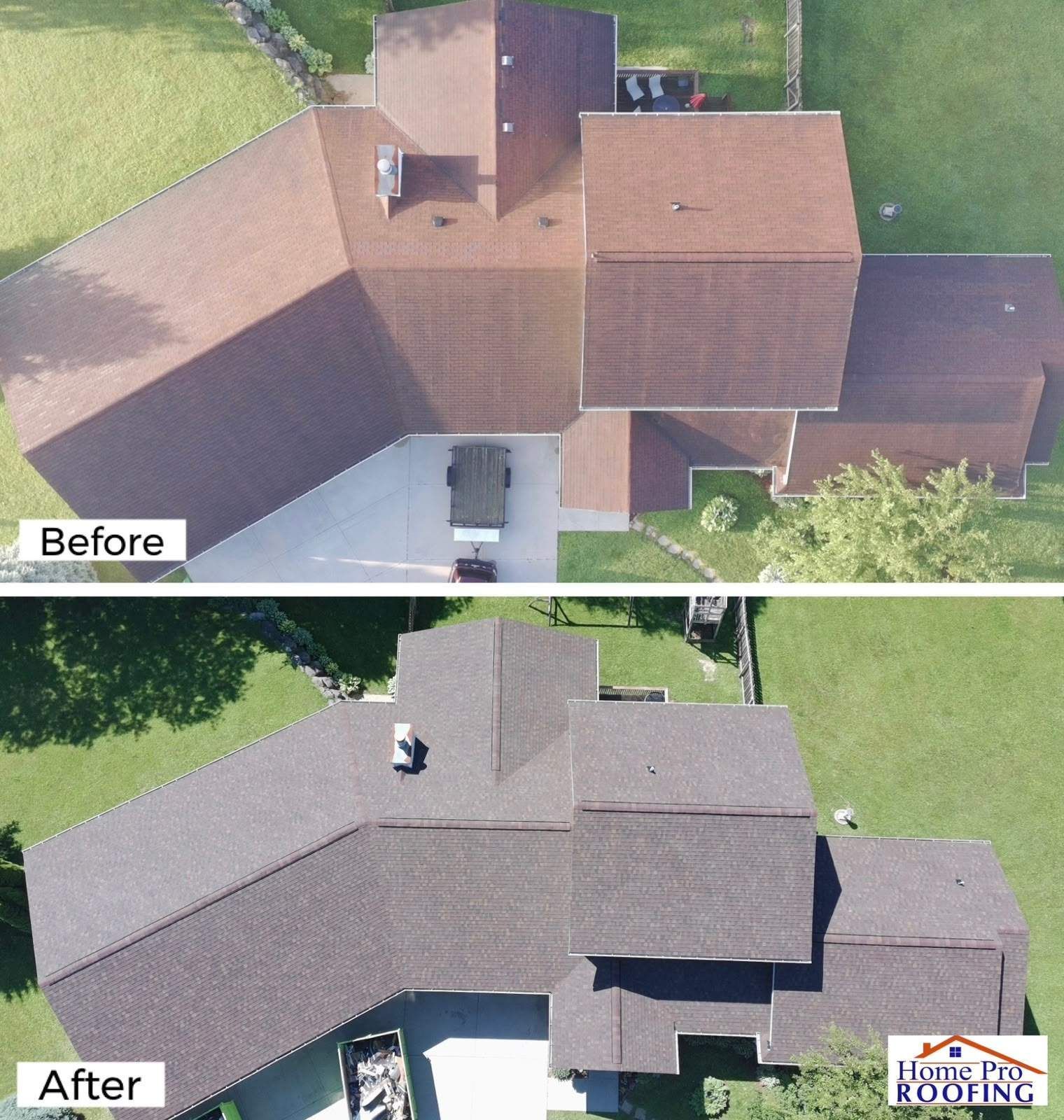 Aerial before-and-after view of a house roof replacement, showing old brown shingles changed to gray.