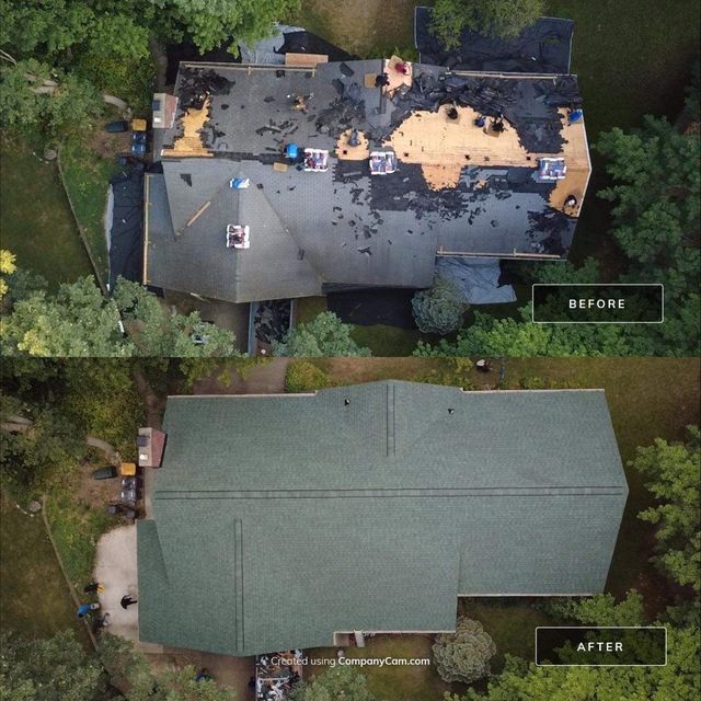 Before-and-after aerial view of a roof repair, showing damaged shingles replaced with a new green roof.