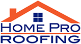 Logo for Home Pro Roofing featuring an orange roof outline above a blue window graphic and the company name in blue text.
