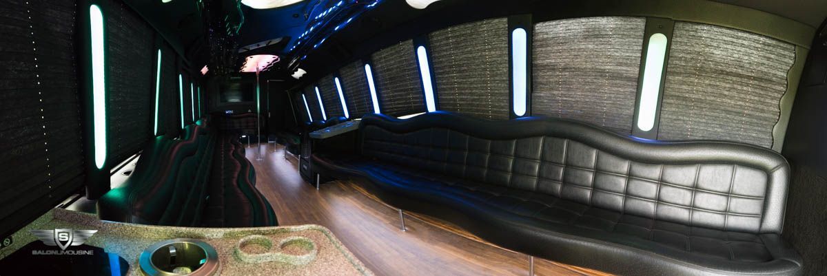 A person is standing in the back of a limousine.