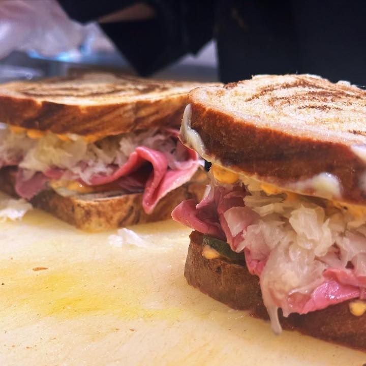 Close up of a reuben sandwich