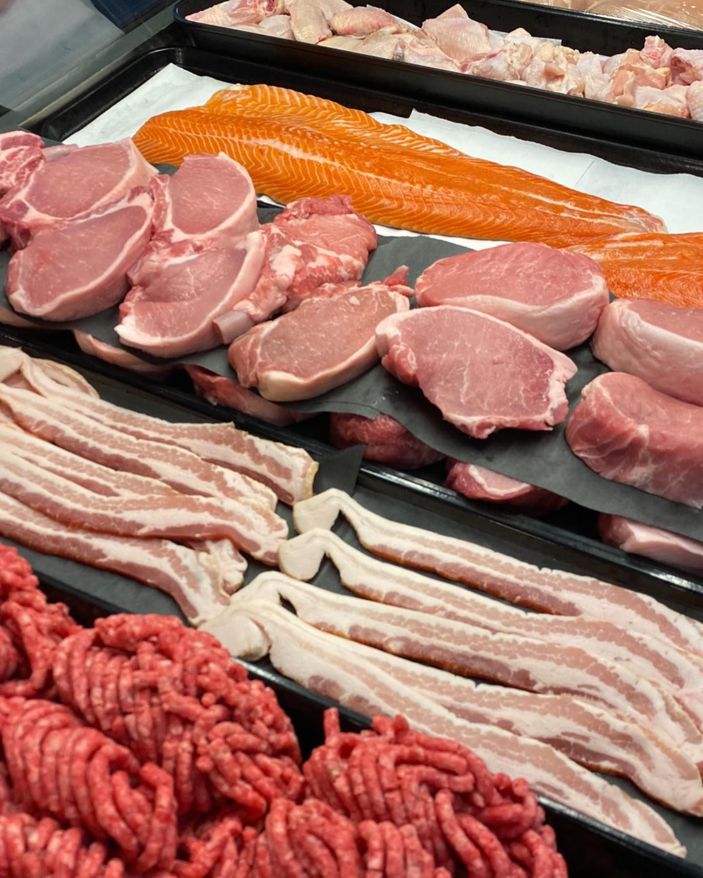 Meat selection in a butcher shop display
