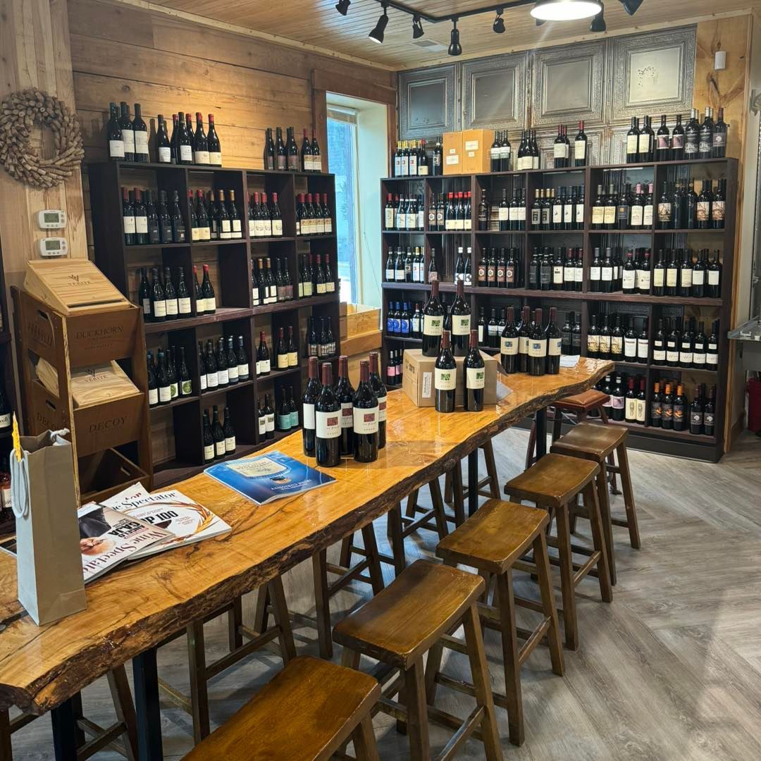 Wine shop interior with bottles on shelves