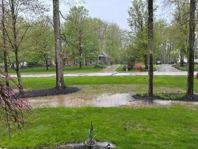 Green lawn flooded with water, trees, and houses in the background on a cloudy day.