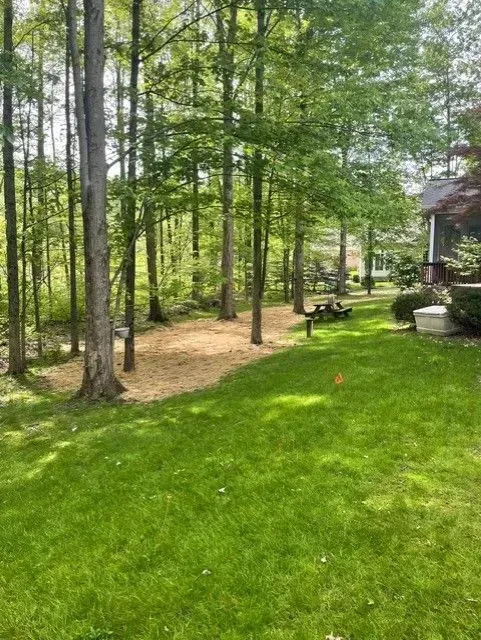 Lush green yard bordered by trees with a mulch area in the center. A bird feeder is visible.