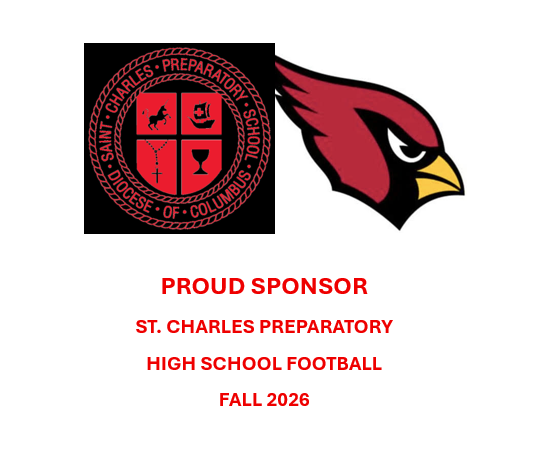 Proud sponsor graphic with St. Charles Preparatory High School football logo and red cardinal mascot, Fall 2026