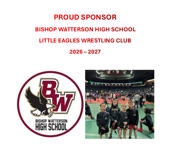 Bishop Watterson High School Little Eagles Wrestling Club proud sponsor graphic with team photo and BW logo