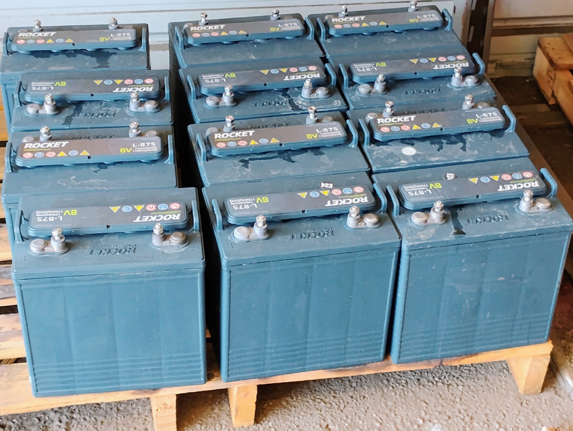Stack of gray industrial batteries on a wooden pallet.