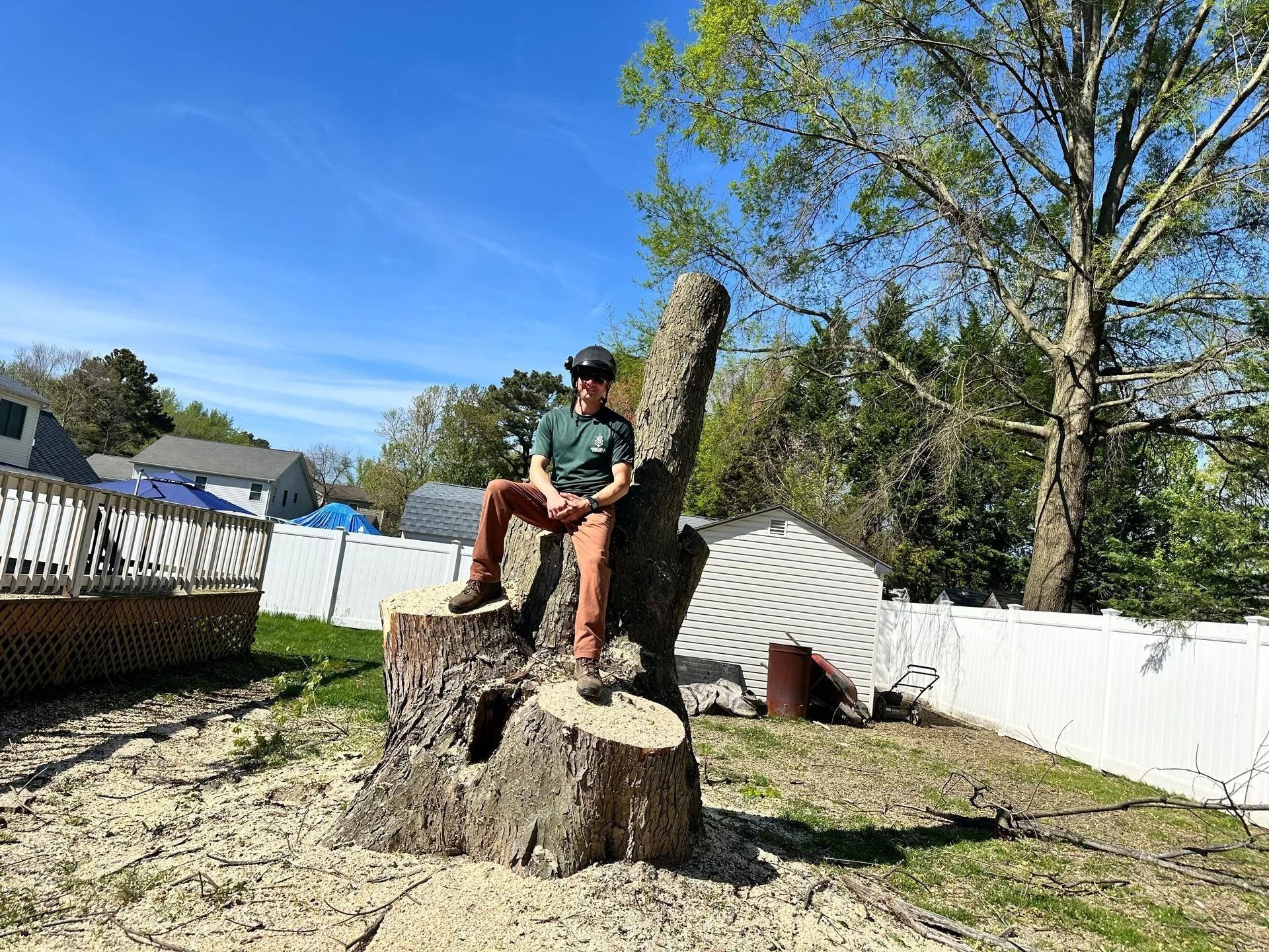 Person sitting on a large tree stump in a backyard, wearing a helmet and green shirt under a blue sky.