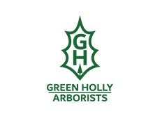 Green holly arborists logo in green with stylized holly leaves and G H letters