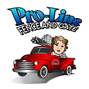 Logo for Pro-Line Fence and Gate featuring a cartoon person driving a red pickup truck loaded with fencing supplies.