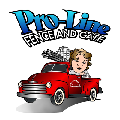Logo for Pro-Line Fence and Gate featuring a stylized red vintage truck carrying fencing materials with a cartoon driver.