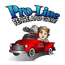 Logo for Pro-Line Fence and Gate featuring a stylized red vintage truck carrying fencing materials with a cartoon driver.
