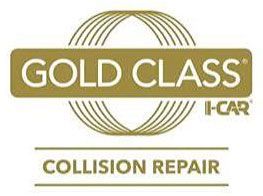 Gold Class I-CAR collision repair logo in gold and gray text with curved lines