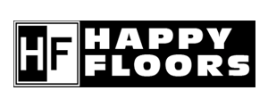 Logo of Happy Floors: white text on a black background HF in a box on the left.