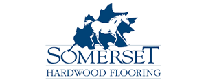 Somerset Hardwood Flooring logo with a horse silhouette in front of a blue maple leaf.