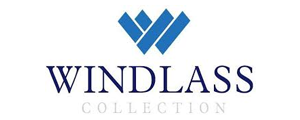 Logo of Windlass Collection, featuring a blue overlapping diamond-shaped design above the brand name in a navy blue font.
