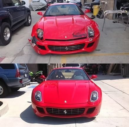 Red sports car shown damaged in the top view and repaired in the bottom view, parked outdoors.