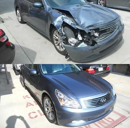 Blue sedan shown damaged in front, with a second image below showing the same car repaired.