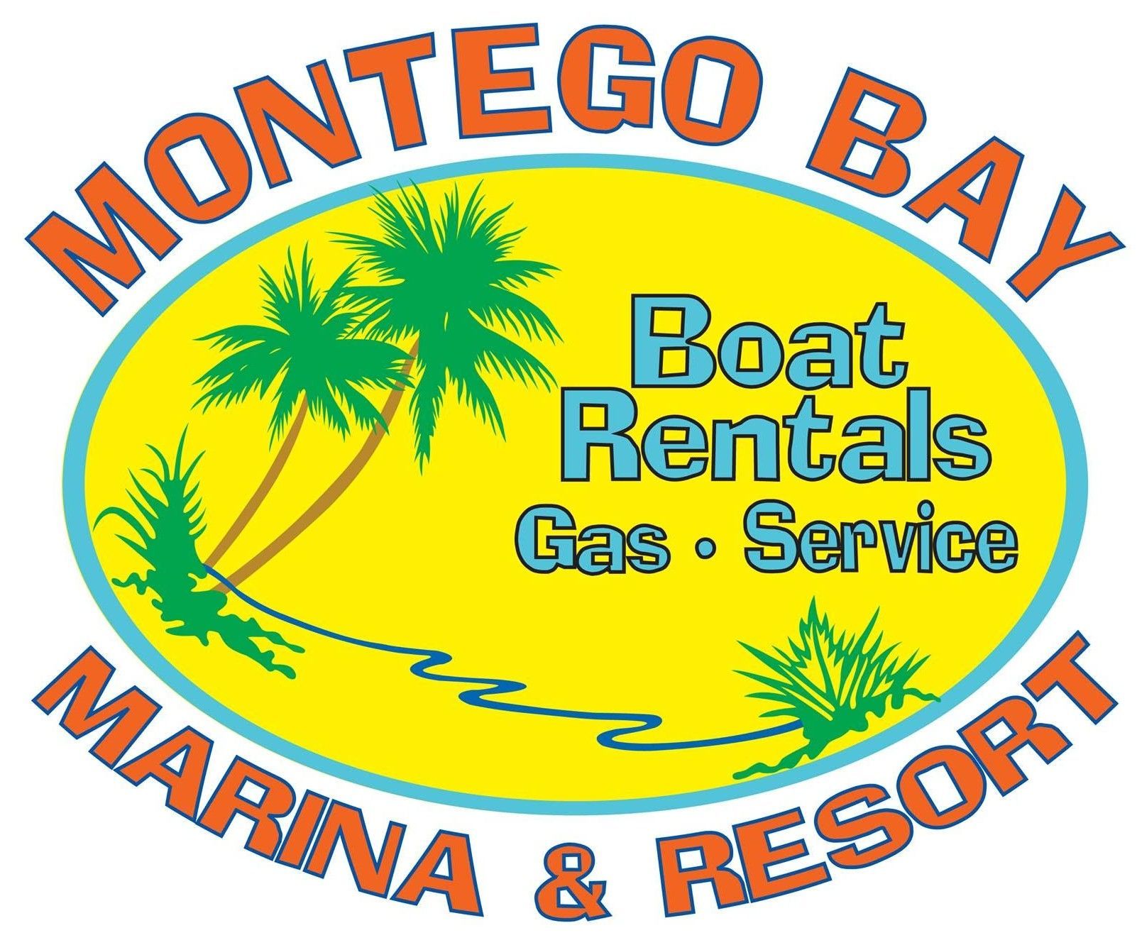 Motego Bay Marina & Resort logo with yellow oval, palm trees, and boat rentals gas service text