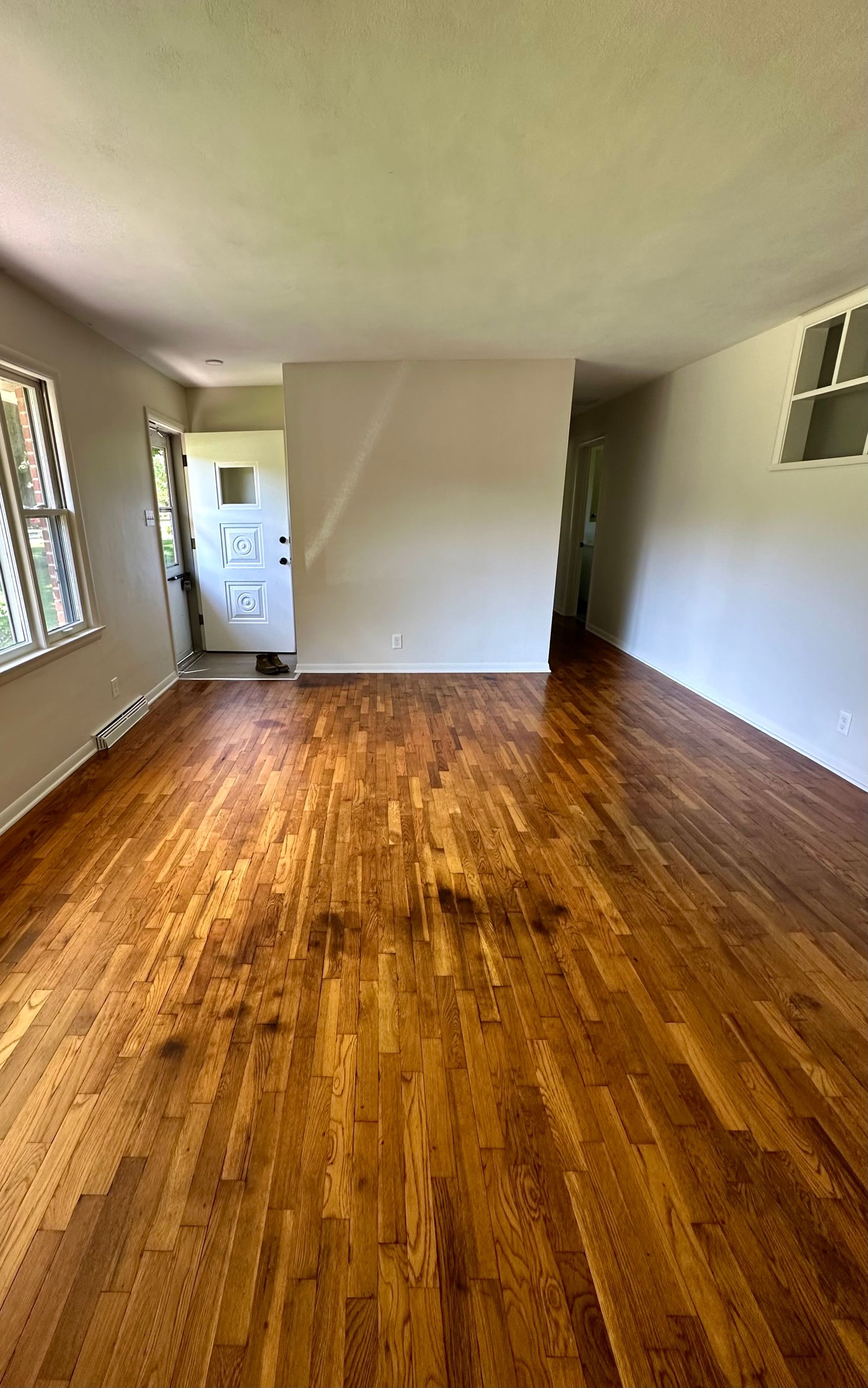 Empty living room with hardwood floors, natural light, and a doorway.