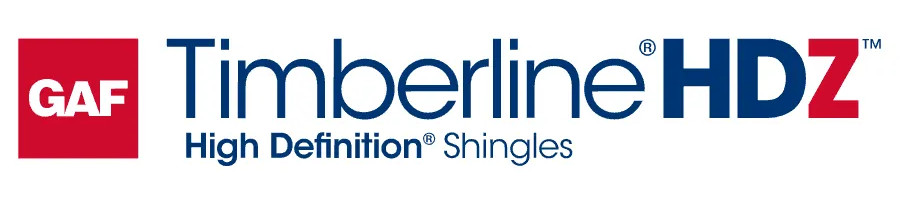 GAF Timberline HDZ shingle logo: red square with GAF in white, Timberline HDZ text.