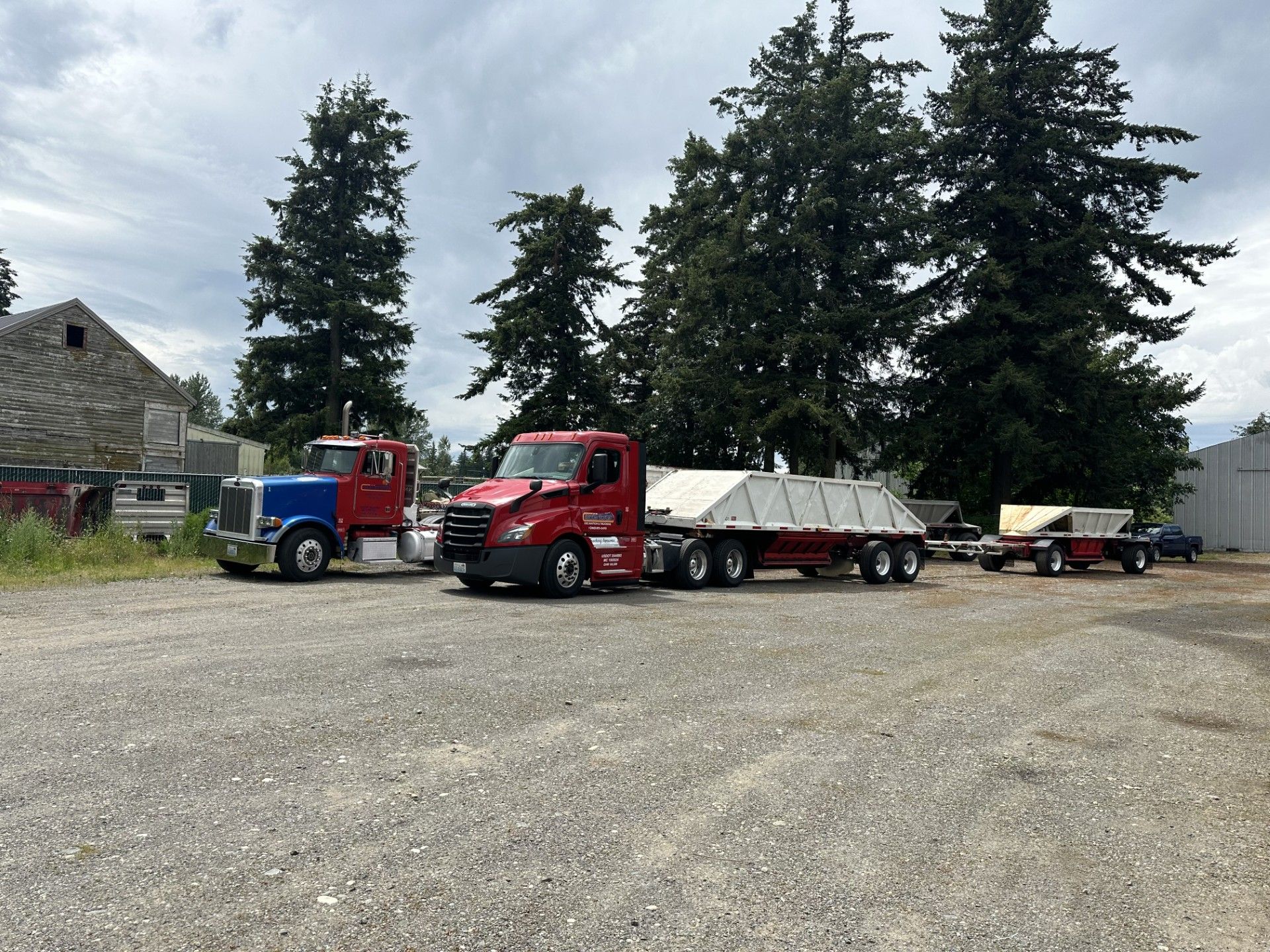 Three semi trucks are parked in a gravel lot.