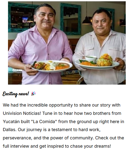 Two men holding plates of food with exciting news written below them